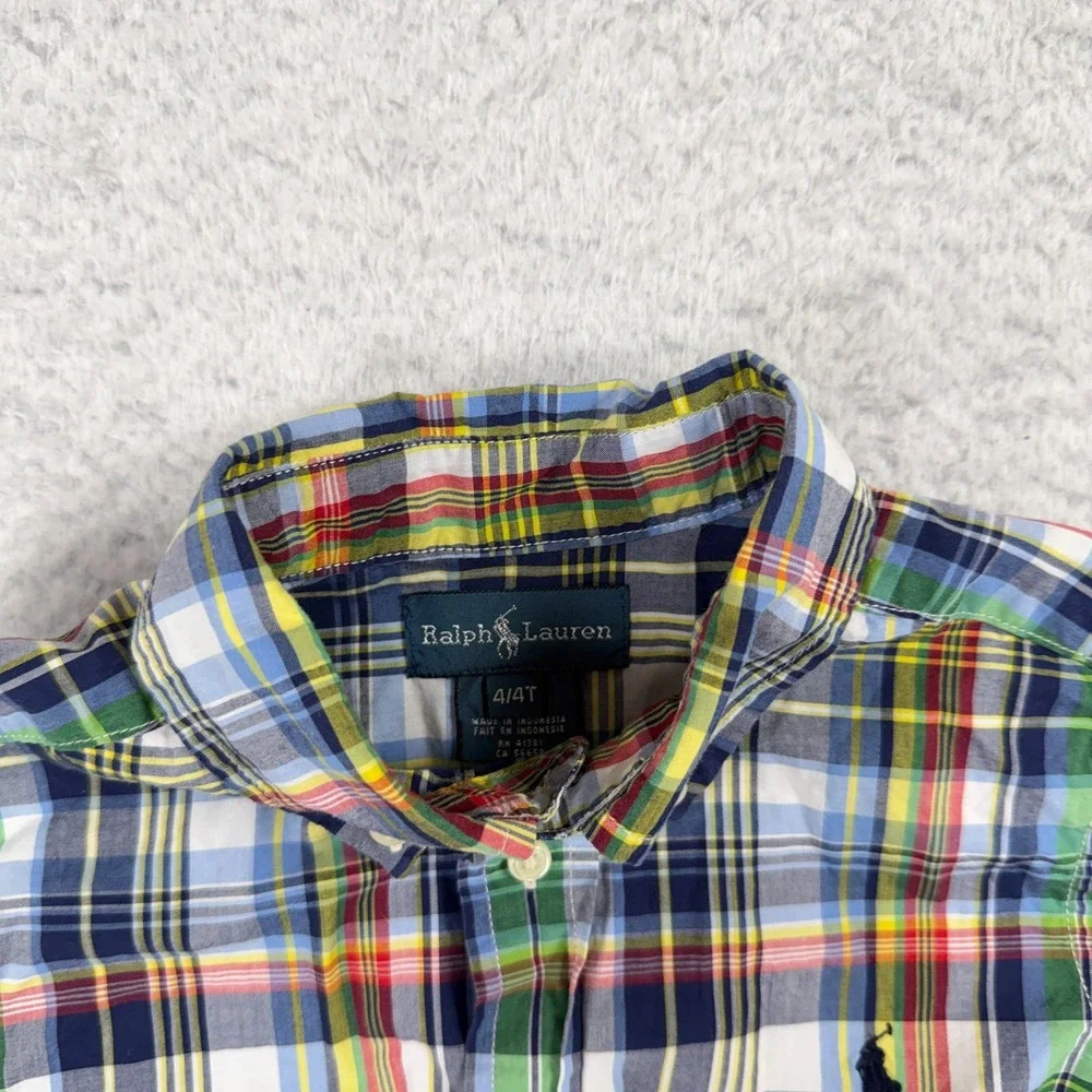 Ralph Lauren Kids Button Down Shirt Plaid Short Sleeve Size 4 4T Church Dressy